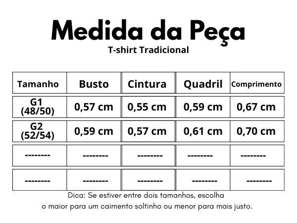 Tabela de medidas t-shirt tradicional 48 ao 54